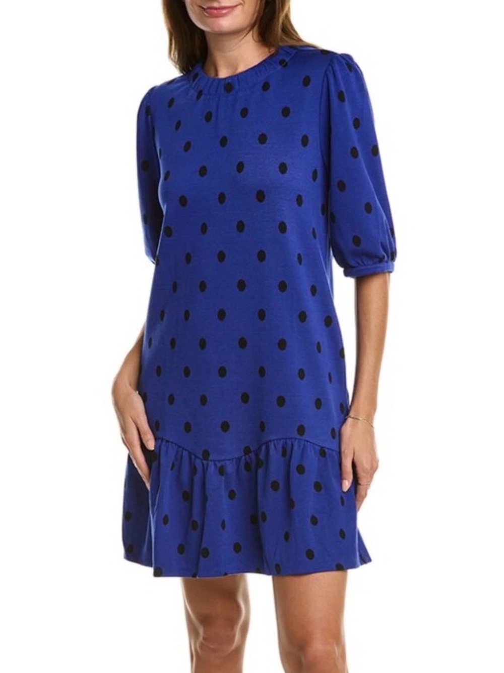 Tyler Boe Tinsley Shift Dress Cotton Knit Puff Sleeve Polka Dot Royal Blue Small
